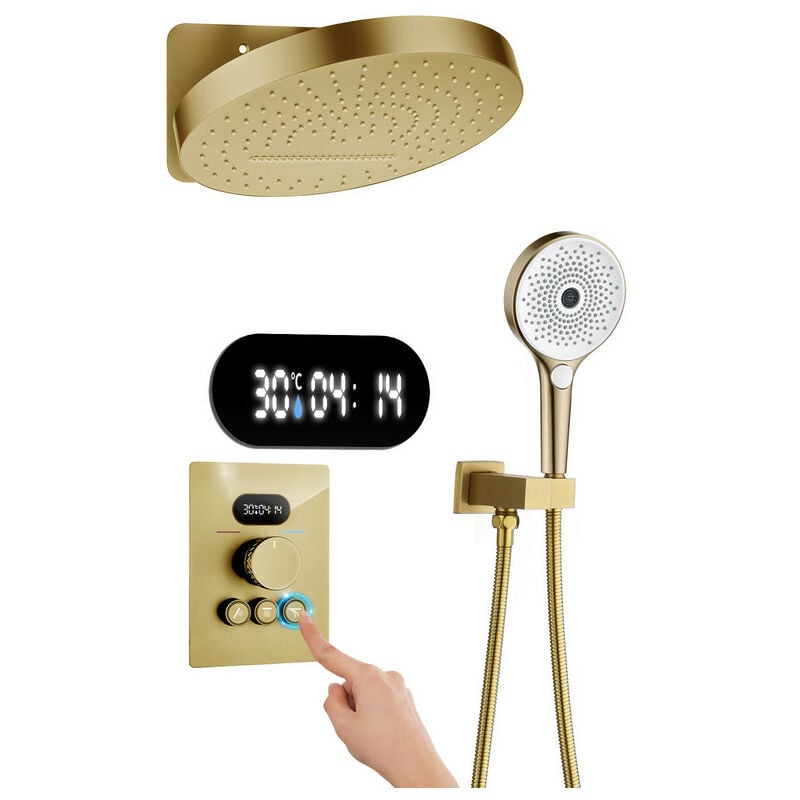 Colonne de Douche Thermostatique Encastré Or Brossé Ensemble de Douche pour Salle de Bain avec Affichage Numérique, Système de Douche à Cascade et