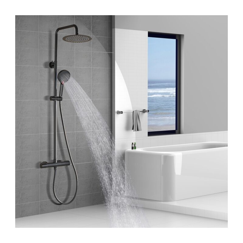 Colonne de Douche Thermostatique Ensemble de Douche Noir Kit de Douche Ronde Système de Douche Hauteur Réglable en Acier Inoxydable - Detbom