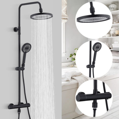 Colonne de Douche Thermostatique, Ensemble de Douche Hauteur Réglable sans Percement Supplémentaire Noir avec Douchette 3 Jets, Mitigeur en Laiton avec Module de Filtration