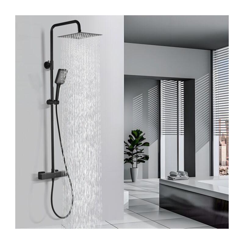 Colonne de Douche Thermostatique Système de Douche Noir Ensemble Douche avec Mitigeur Thermostatique Hauteur Réglable Pomme Pluie Carré - Detbom