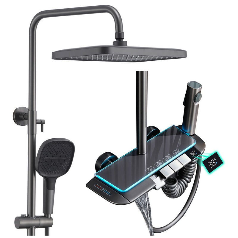 Colonne de Douche Thermostatique Gris, Réglable Hauteur Système de Douche, éclairage d'ambiance led, Ensemble de Douche avec Bec de Baignoire