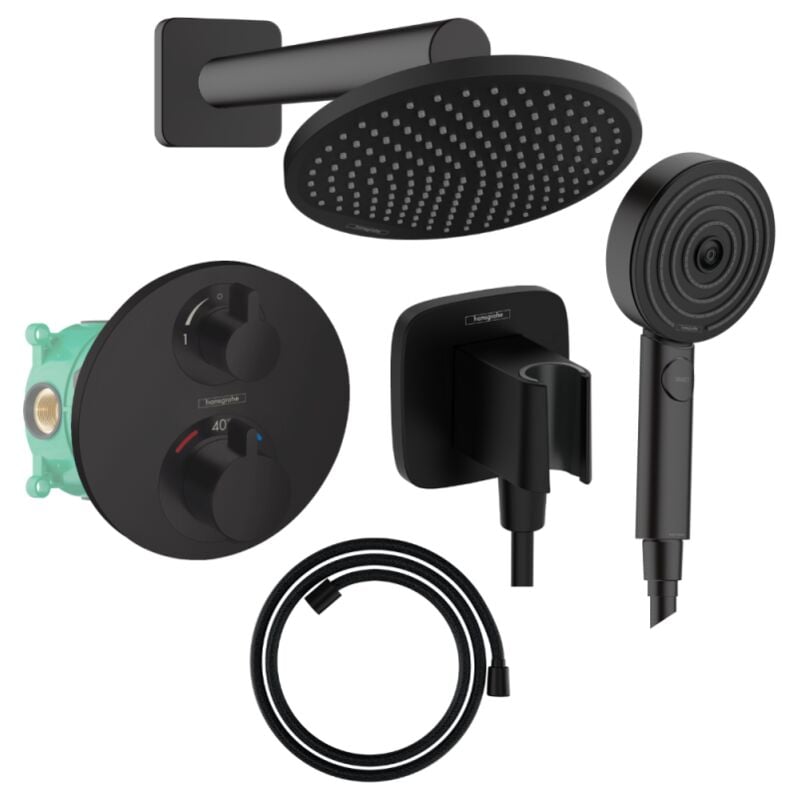 Colonne de douche thermostatique Hansgrohe Ecostat s Douche de tête Crometta s Flexible Designflex Douchette Pulsify noir mat