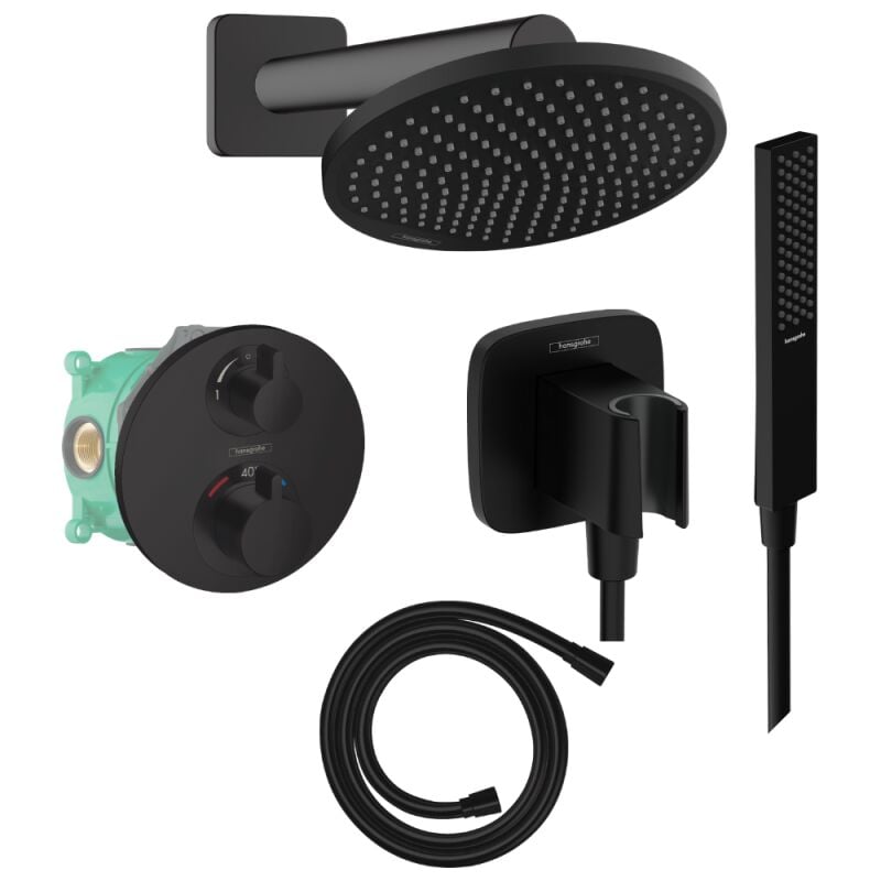 Colonne de douche thermostatique Hansgrohe Ecostat s Douche de tête Crometta s Flexible Isiflex Douchette Pulsify e noir mat