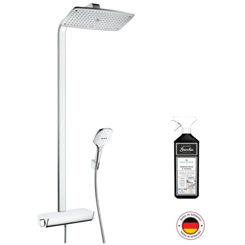 Colonne de douche thermostatique Hansgrohe Raindance e 360 blanc et chromée + nettoyant Briochin