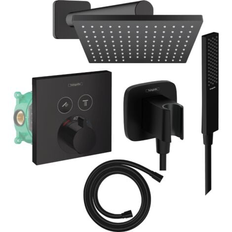 Colonne de douche thermostatique HANSGROHE ShowerSelect E Douche de tête Vernis Shape Flexible Isiflex Douchette PulsifyE noir mat