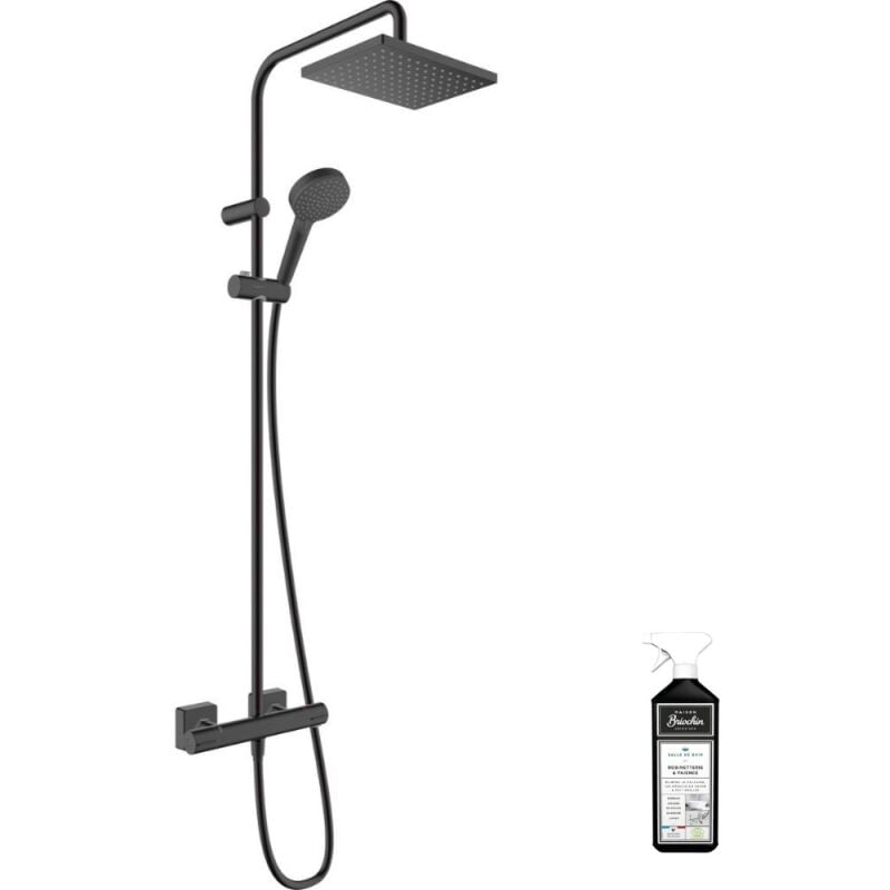 Colonne de douche thermostatique Hansgrohe Vernis Shape, économie d'eau noir mat + nettoyant Briochin