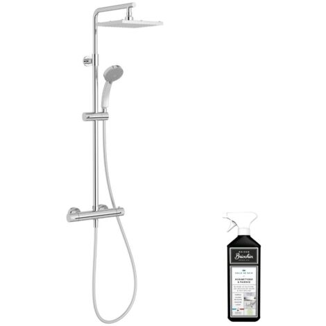Jacob Delafon – Colonne de douche thermostatique – Finition chrome 10 ans – Douche de tête carrée 20 cm – Débit 10 l/min – Flexible anti-torsion