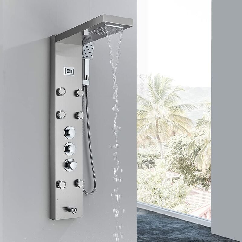 Suguword - Colonne De Douche Thermostatique Nickel Brossé Hydromassante Mural en Acier Inoxydable 5 Fonctions (cascade et tête de douche de pluie,