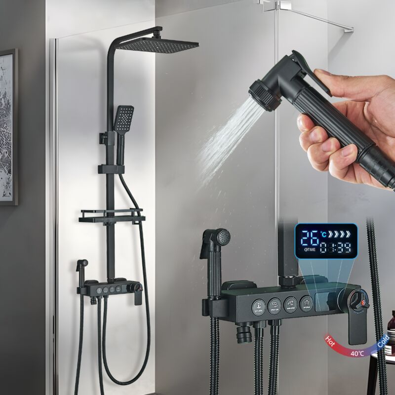 Onyzpily - Colonne de Douche Thermostatique Noir avec Mitigeur 40°C,Ensemble de Douche avec 4 Fonctions Hauteur RéGlable,Système de Douche à tête