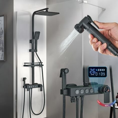 Colonne de Douche Thermostatique Noir avec Mitigeur 40°C,Ensemble de Douche avec 4 Fonctions Hauteur RéGlable,Système de Douche à tête Carréeavec Douchette à Main pour Salle de Bain