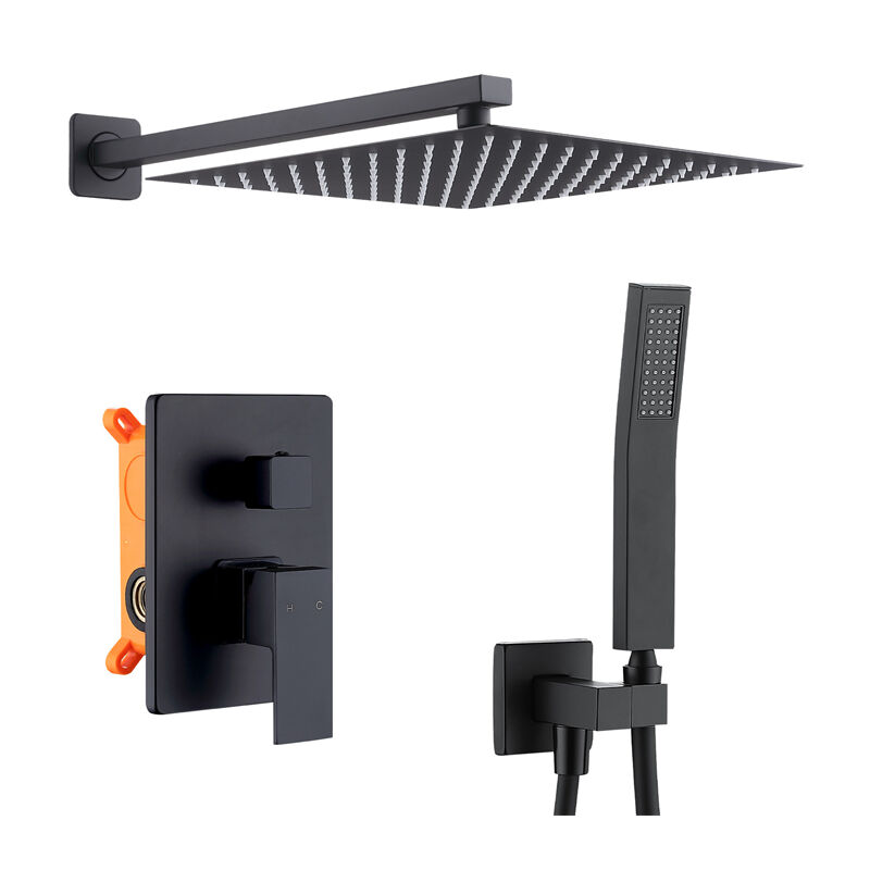 Colonne de Douche Encastrée Noir Ensemble de Douche Encastrable Kit de Douche Mitigeur Mécanique Grande Tête de Douche Carrée Corps en Laiton