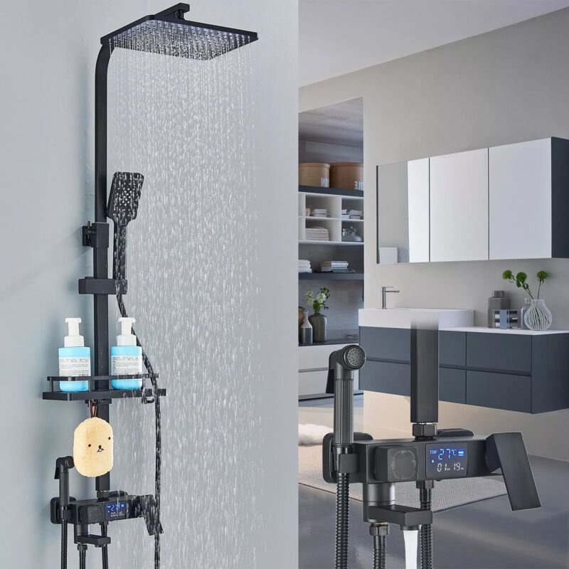 Colonne de Douche Thermostatique noir Système de Douche Pluie Montage Mural Ensemble de Douche,Set de Douche avec Mitigeur pour Salle de Bain avec