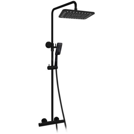 Colonne de douche thermostatique noire 873 à 1323 mm – Pommeau pluie 195 x 260 mm – Douchette 3 jets – Flexible 1,50 m PVC noir – Ottofond