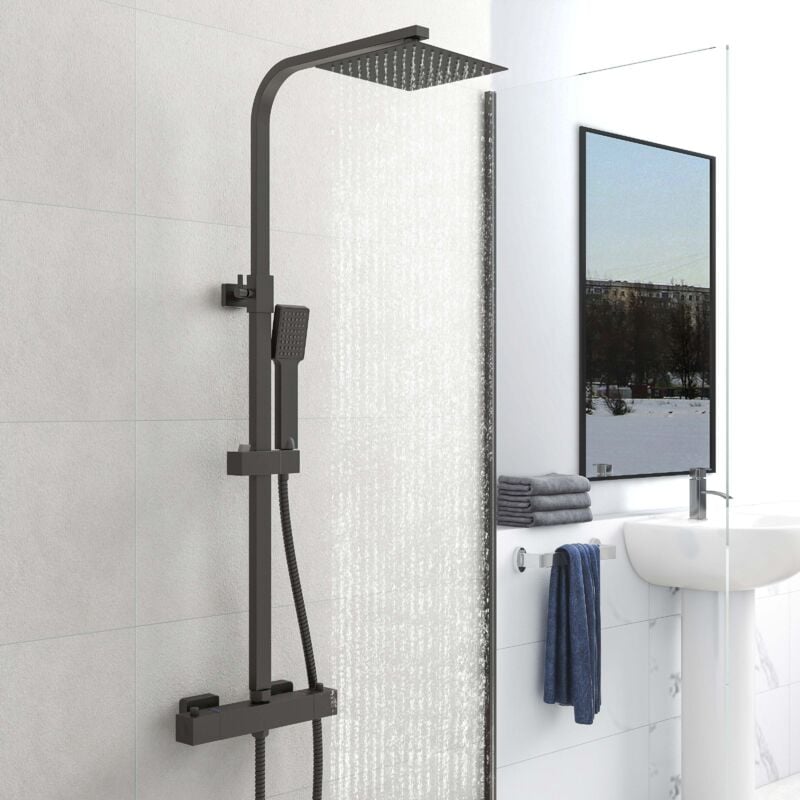 Aica colonne de douche thermostatique noire, avec douche de tête carrée + douchette carrée réglable en hauteur