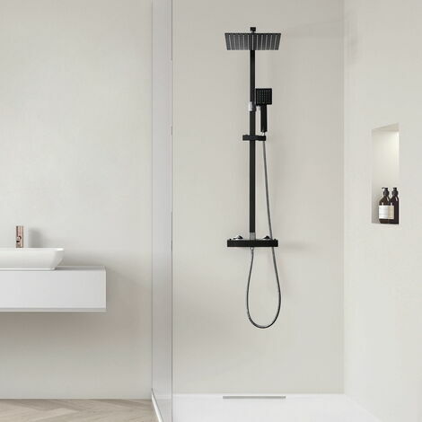 Colonne de Douche Thermostatique Noire Design Carré avec Mitigeur, Ensemble de Douche avec Douchette de tête ultra-mince, Hauteur Réglable 800-1200mm pour Salle de BainHANNN