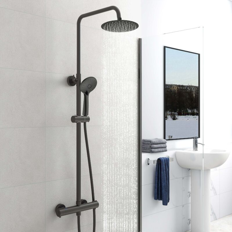 Aica Colonne de douche thermostatique noire mate, avec douche de tête ronde et douchette à main réglable en plusieurs modes