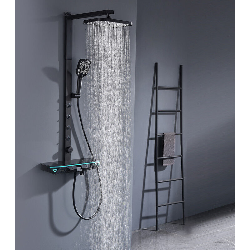 Colonne de Douche Thermostatique Noire 38°C en Laiton – Panneau avec Cascade, 4 Jets de Massage, Écran Digital, Étagère et Boutons Piano Réglables