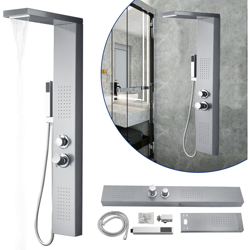 Colonne de douche thermostatique Panneau de douche, argenté Système de douche en acier inoxydable brossé Hengmei