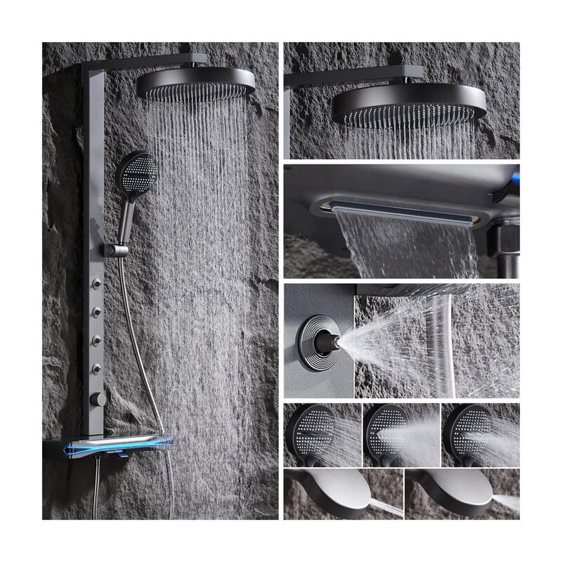 Colonne de Douche Thermostatique, Piano Système de Douche avec Affichage Numérique led Mural Ensemble de Douche avec Mitigeur, Douchette 5 Jets, Tête