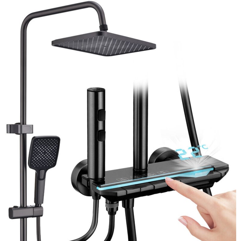 Colonne de Douche Systeme de Douche Affichage Numérique led Ensemble de Douche avec plaque thermostatique de 25 cm Corps en cuivre raffiné Gris foncé