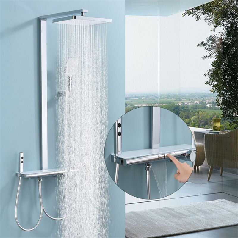 Colonne de Douche Thermostatique Système de douche Chromé avec Plateau de Rangement Blanc Ensemble de Douche avec mitigeur de Baignoire pour Salle de