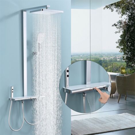 Auralum Colonne de Douche Thermostatique Noir Douche de tête de 15.7 Hauteur Réglable Ensemble de Douche Mitigeur Thermostatique Douche Anti-Brûlure pour Salle de Bain