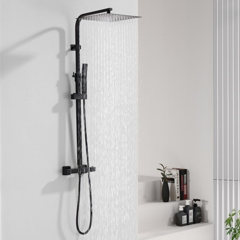 Ubeegol - Colonne de Douche Thermostatique Noir - Set de Douche pour Salle de Bain -Pas Besoin de Forage Secondaire - Hauteur Réglable - Mitigeur en