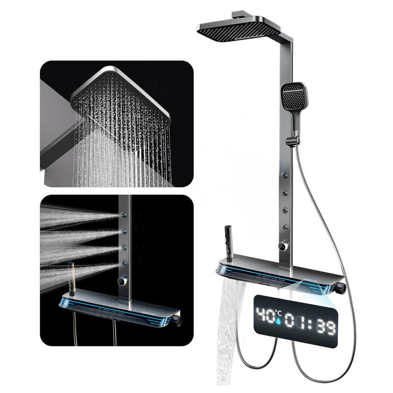 Colonne De Douche Thermostatique, SystèMe De Douche Mural à LumièRe Ambiante à Affichage NuméRique led à 5 Fonctions, Avec 33x 20cm Douche De TêTe,