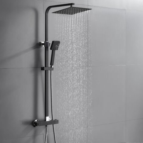 Auralum Colonne de Douche Thermostatique Ensemble de Douche Noir Hauteur Réglable Set de Douche Noir avec Mitigeur Systeme de Douche Pluie pour Salle de Bain