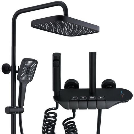 Colonne de Douche Thermostatique, Système de Douche Piano Mural Ensemble de Douche Réglable en Hauteur Set de Douche avec Mitigeur,3 Modes Douchette,12 Pouces Douche de Tête, Bidet-Spray, Noir