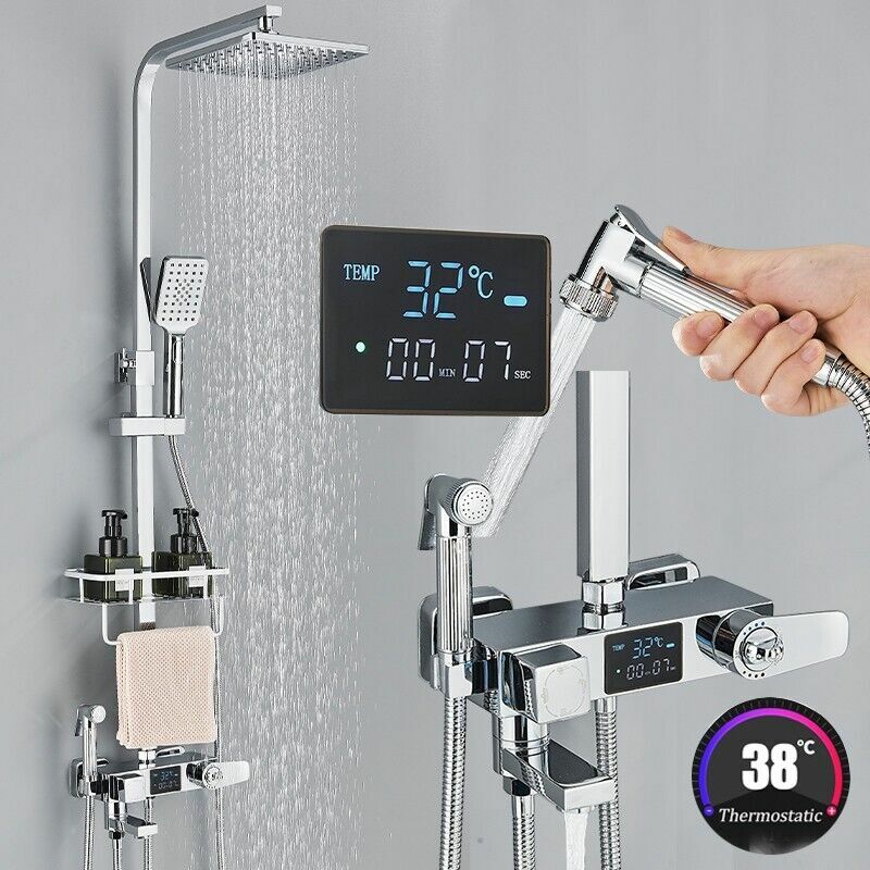 Colonne de Douche Thermostatique, Système de Douche Montage Mural Ensemble de Douche avec 20cm 20cm Tête de Douche, étagère, Douchette à Mains,
