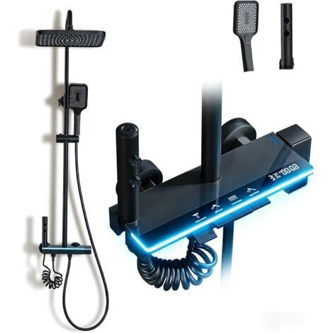 Colonne de Douche Titane avec Tête Carrée ,Colonne de Douche 4 Modes et Hauteur Réglable75-110CM, Affichage LED,Tête de Douche, Jet, Robinet et Pommeau de Douche