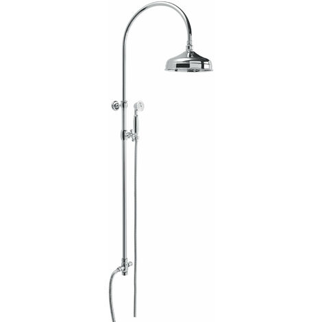 Colonne de douche vintage sans robinetterie – Pommeau rond 20 cm – Flexible 150 cm – Laiton chromé – Barre télescopique orientable – Damast