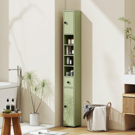 Colonne de rangement armoire haute pour salle de bain 1 tiroir 4 étagères réglables et 2 placards 20 x 20 x 180 cm vert