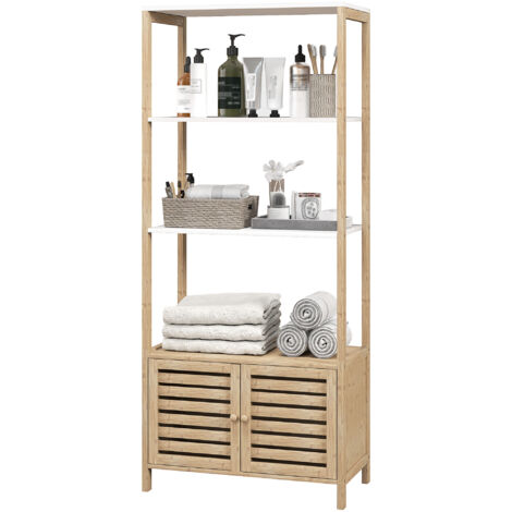 Colonne de rangement bambou salle de bain 3 étagères 1 placard 63x30x138 cm bois naturel blanc