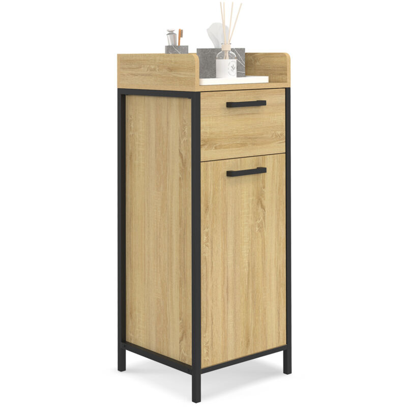 Idmarket – Colonne de salle de bain 30x30x80cm – 1 tiroir et 1 placard – Bois et métal noir – Design industriel compact