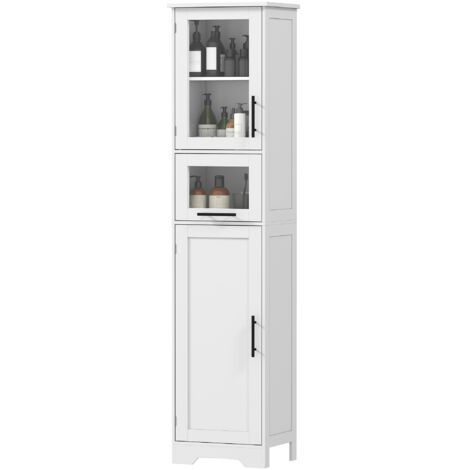 Colonne de rangement salle de bain blanche 40x31x170 cm, meuble avec tiroir, 2 portes et étagère ajustable