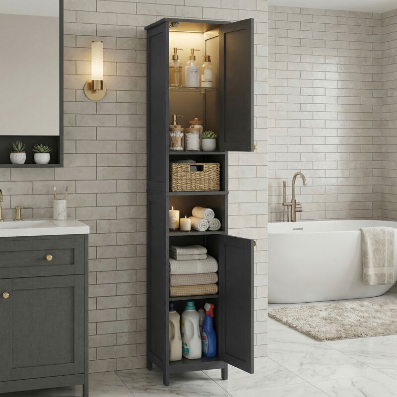 Colonne de Rangement Salle de Bain, Étagères Réglables, Meuble Haut Moderne pour Petits Espaces, Éclairage, Noir