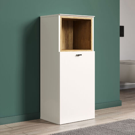 Colonne de salle de bain 1 porte 1 niche beige et chêne clair - AMAZA