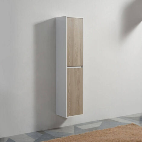 Colonne de salle de bain 2 Portes - Blanc et Chêne Gris - 160x35x30 cm - Scandinave