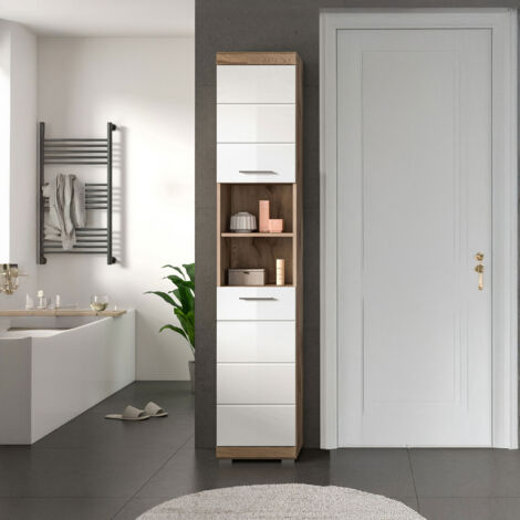 Colonne de salle de bain 37x31x191 cm chêne brun et blanc - BRUK