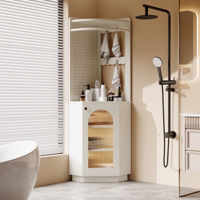 Colonne de salle de bain 45x45x166,6 cm, meuble d'angle avec rangements, éclairage led, compartiments ouverts, patères, étagères réglables - Blanc