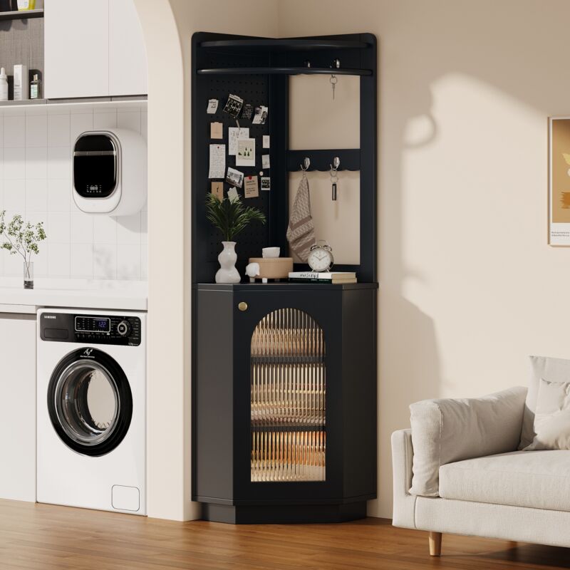 Colonne de salle de bain 45x45x166,6 cm, meuble d'angle avec rangements, éclairage led, compartiments ouverts, patères, étagères réglables - Noir