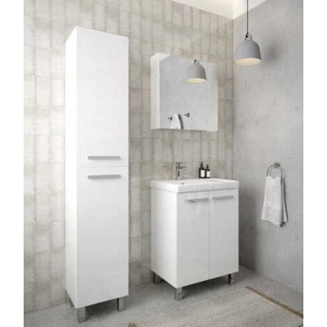 Colonne de salle de bain autoportante 185x35cm Blanc brillant 4 étagères, fermeture amortie Bonita