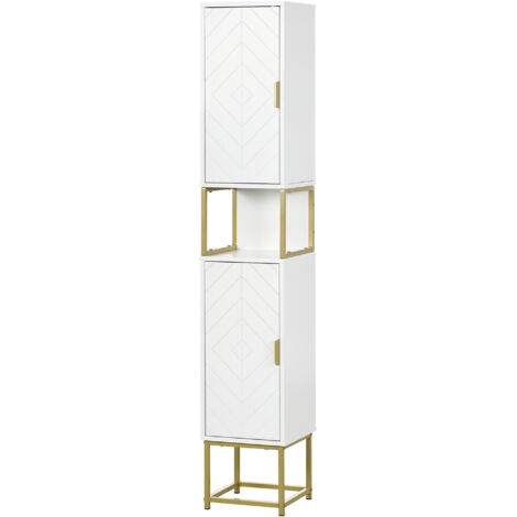 Colonne de Salle de Bain avec 2 Armoires et Étagère en MDF et Acier, 30x30x170.7cm, Blanc et Or