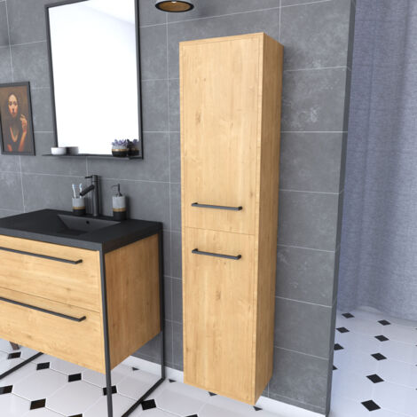 Aurlane – Colonne de salle de bain chêne brun 30x35x150 cm – 2 portes MDF chêne brun – Poignées noir mat – Design suspendu pour gain de place
