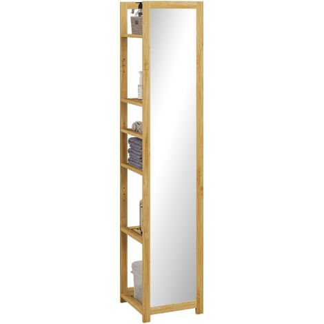 Colonne de salle de bain en bambou à 6 niveaux avec miroir, 6 étagères, naturel, 35L x 35l x 168H cm