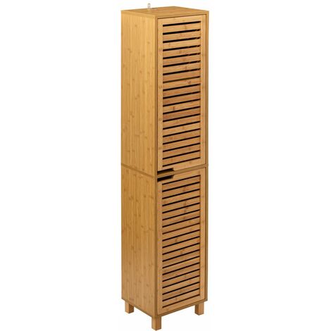 Armoire Salle De Bain En Bambou AD.CON - 170x66x23 Cm, étagères Réglables, Design Naturel, Pour Machine à Laver - 2