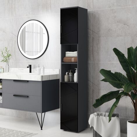Colonne de salle de bain en panneaux de particules avec 2 étagères ouvertes et 2 armoires à double niveau, mesurant 30x30x183 cm, gris foncé