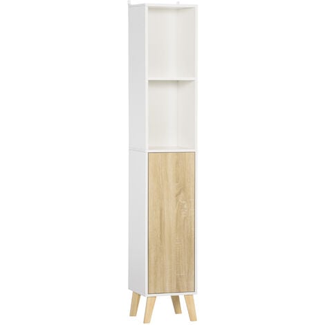 Colonne de salle de bain meuble de rangement en MDF blanc et effet bois avec 1 porte et 2 étagères 31 x 30 x 177 cm - Blanc